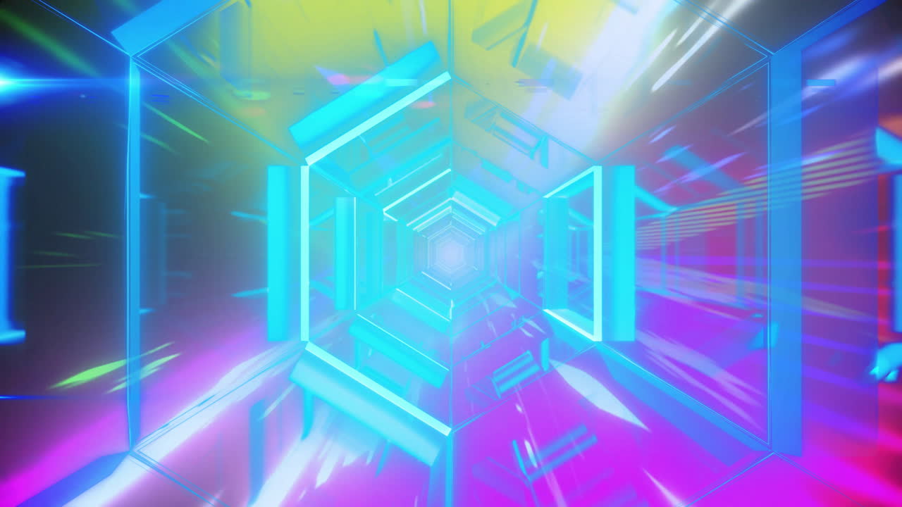 밝은 색의 움직이는 불빛 위에 파란 네온 터널 구조의 애니메이션