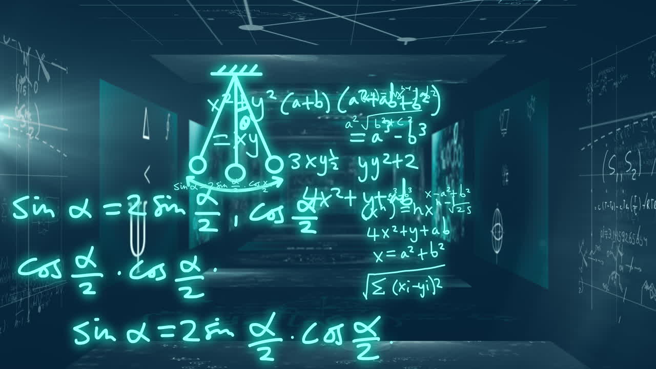 Animation of mathematical formulae and scientific data processing over black background