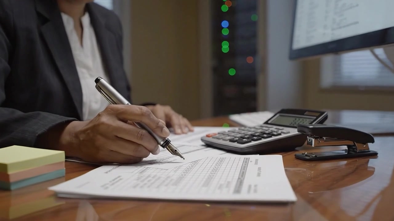 Profissional Focado Analisando Dados Financeiros na Mesa, Utilizando Calculadora e Documentos para Preparar Relatórios em um Ambiente de Escritório Moderno