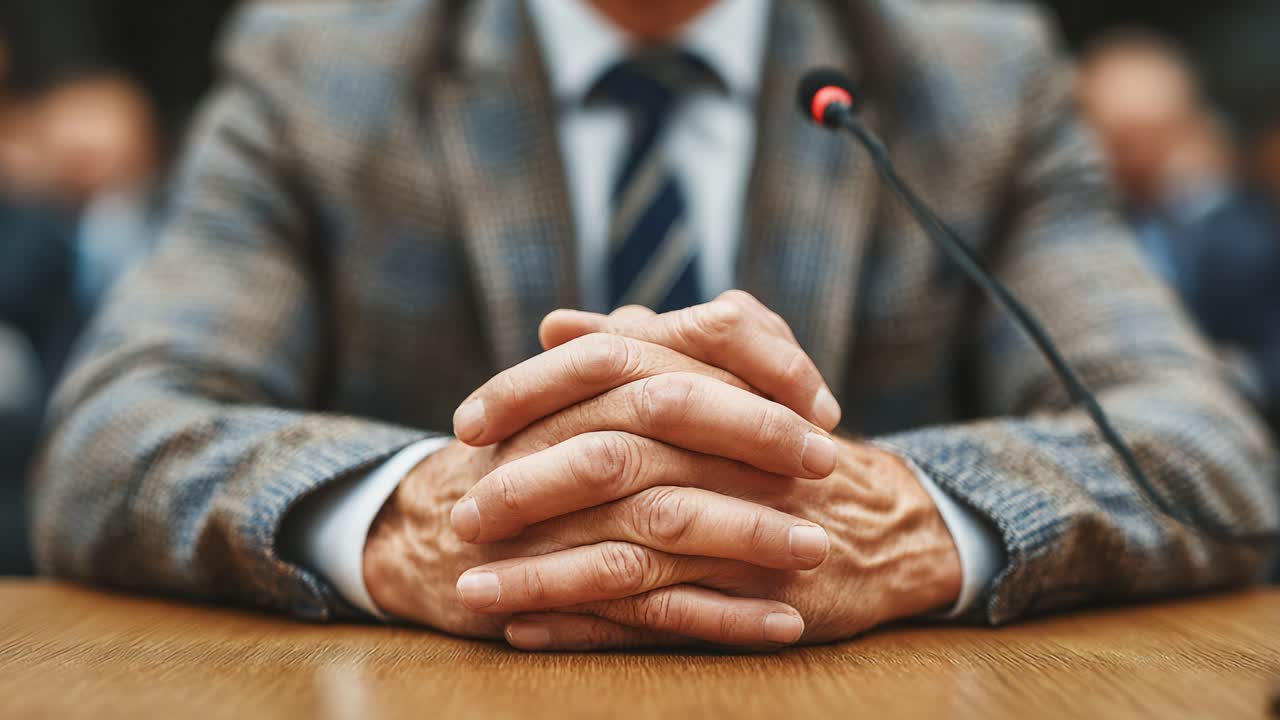 A Professional in Attention: Examining the Firm Hands and Focused Presence of an Individual Wearing a Checked Suit with a Microphone in Close Proximity