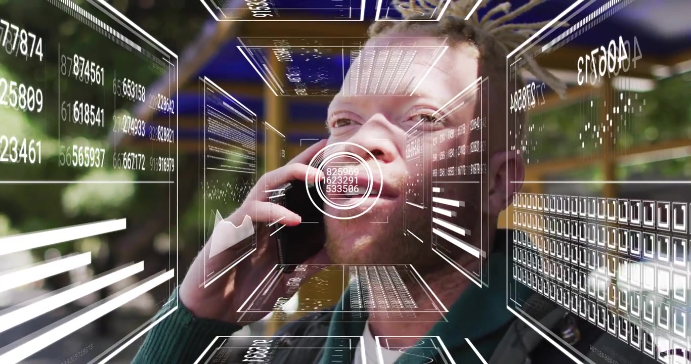 Man Talking on Smartphone with Digital Data Overlay