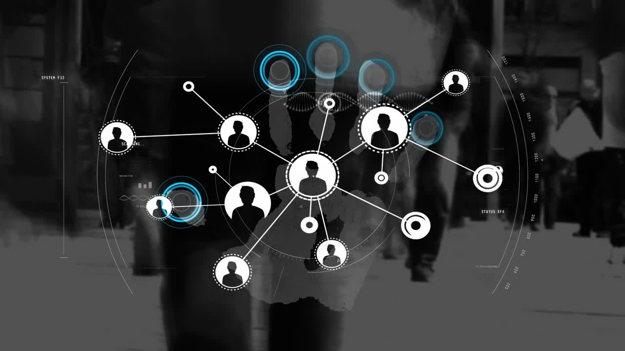 animación del procesamiento de datos y la red de conexiones a través de la huella biométrica de la mano