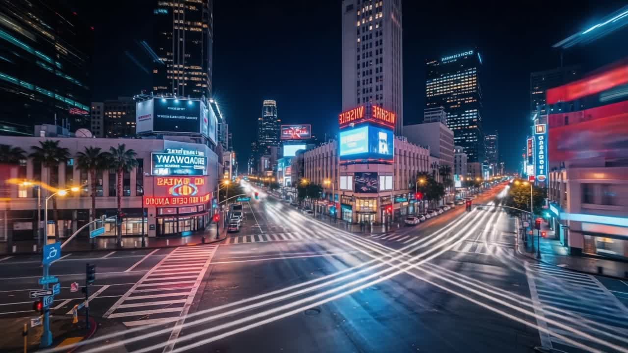 Dynamic Urban Nightscape: A Stunning View of Busy City Intersection with Vibrant Neon Lights and Moving Traffic Captured in a Time-Lapse Style