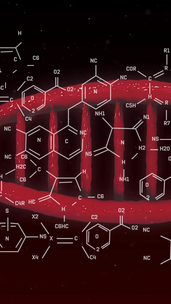 Animation of scientific data processing and dna strand over black background
