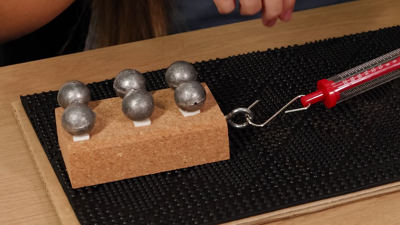 A person pulls a weighted block using a spring scale across a textured mat on a tabletop.
