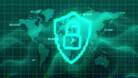 Animation-of-digital-shield-with-padlock-over-green-background-with-world-map