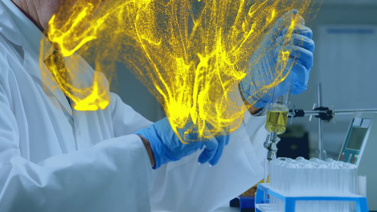 Senior scientist dispensing yellow liquid in technology lab, featuring dynamic particle animation