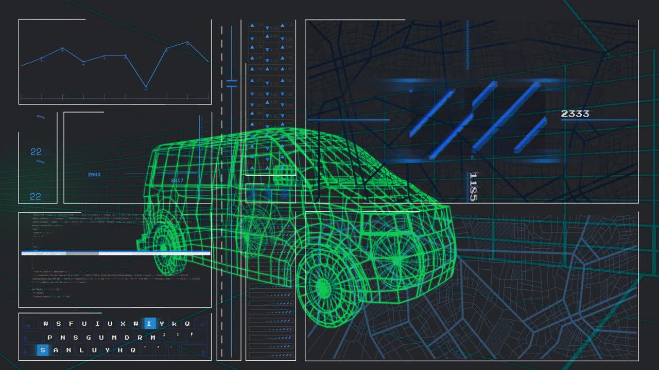 Rotating green wireframe van model upon UI overlays appearing updating data driving scan cycle