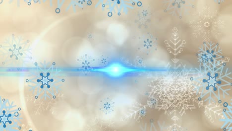 Animation-of-hexagons-pattern,-snowflakes-and-lens-flare-with-bokeh-effect-in-background