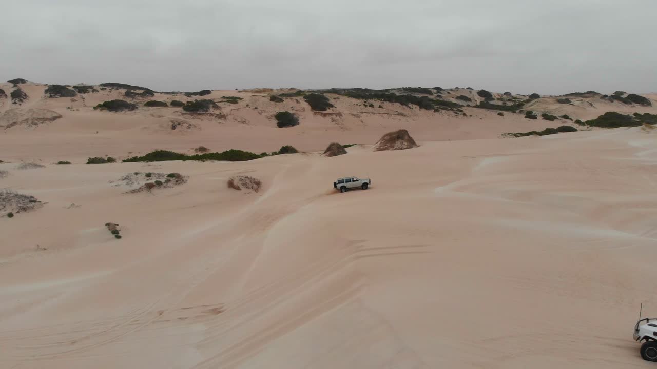 tomada amplia de vehículos 4x4 que conducen por las dunas de arena en australia occidental, aérea