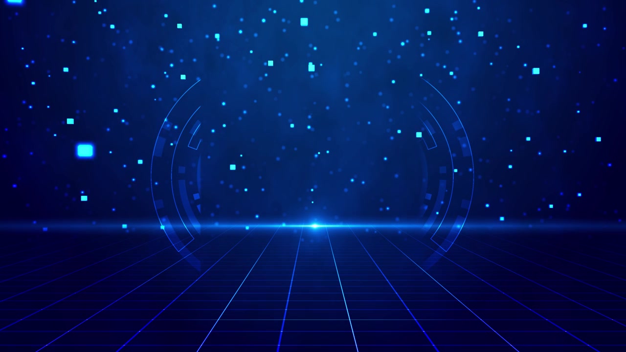 Virtual blue tech stage visual with glowing grid floor particle field and circular interface arcs