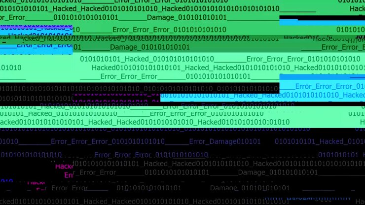 Efeito de Glitch Digital Abstrato com Texto Hackeado e Código Binário