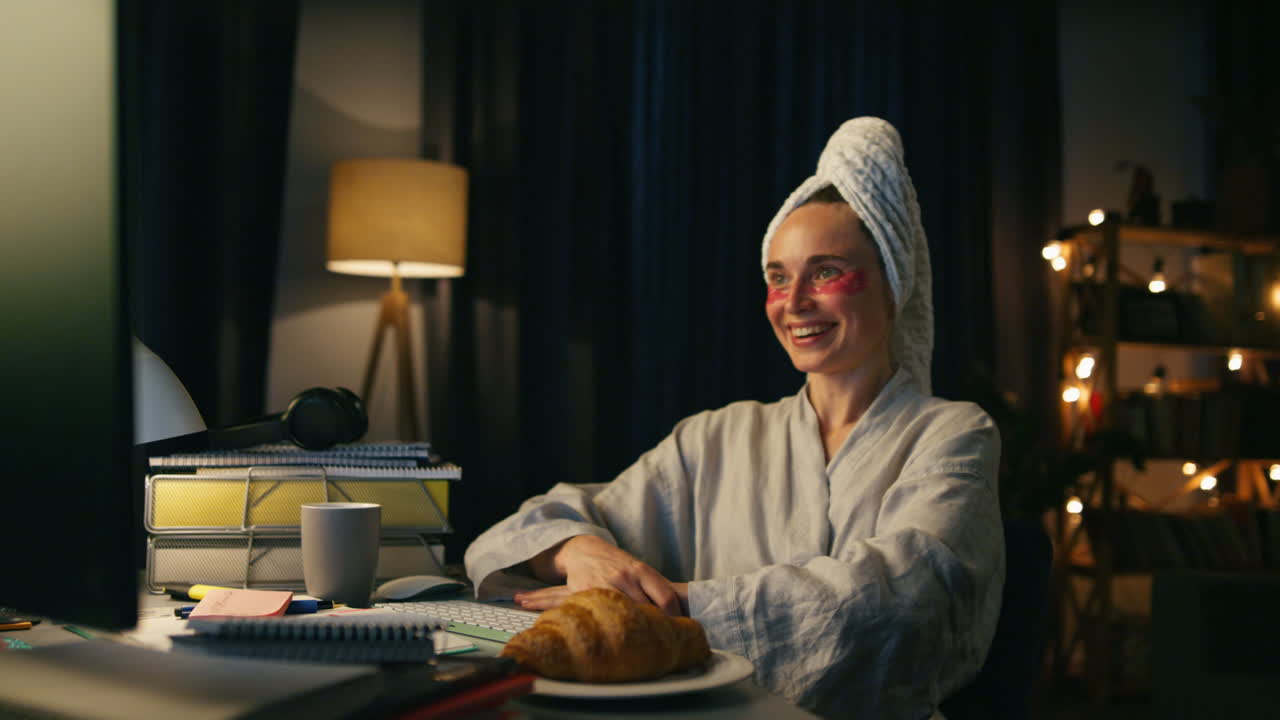 Satisfied freelancer working remotely closeup. Woman watching screen rejoicing