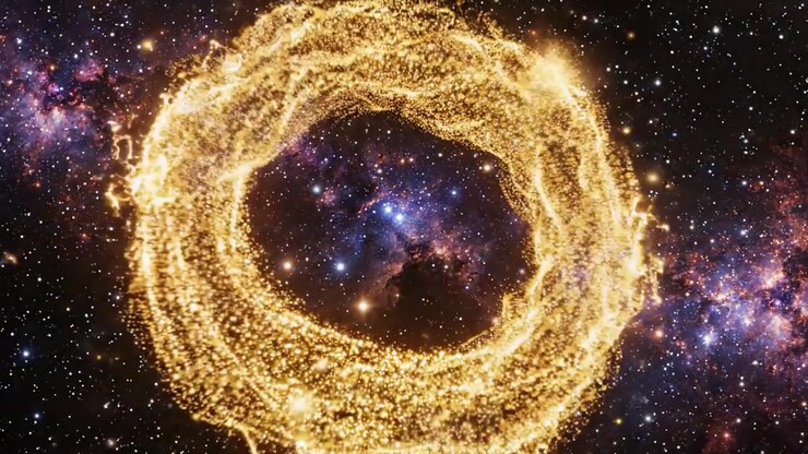 A Cosmic Journey Through Space: A Stunning Visualization of Celestial Bodies and Star Clusters Surrounded by a Glittering Golden Halo in the Vast Universe