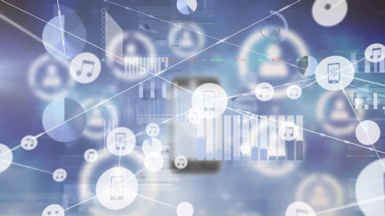 파란색 배경에 데이터 처리를 가진 프로필 아이콘과 화면의 네트워크의 애니메이션