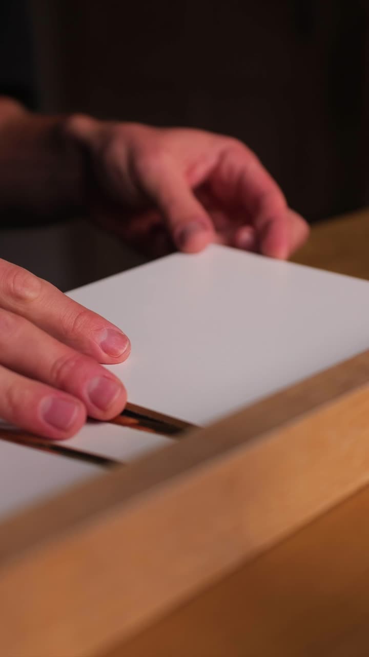 Artigiano che assembla coperchi di scatole regalo in legno, mettendo in mostra abilità e concentrazione, primo piano verticale in luce fioca.