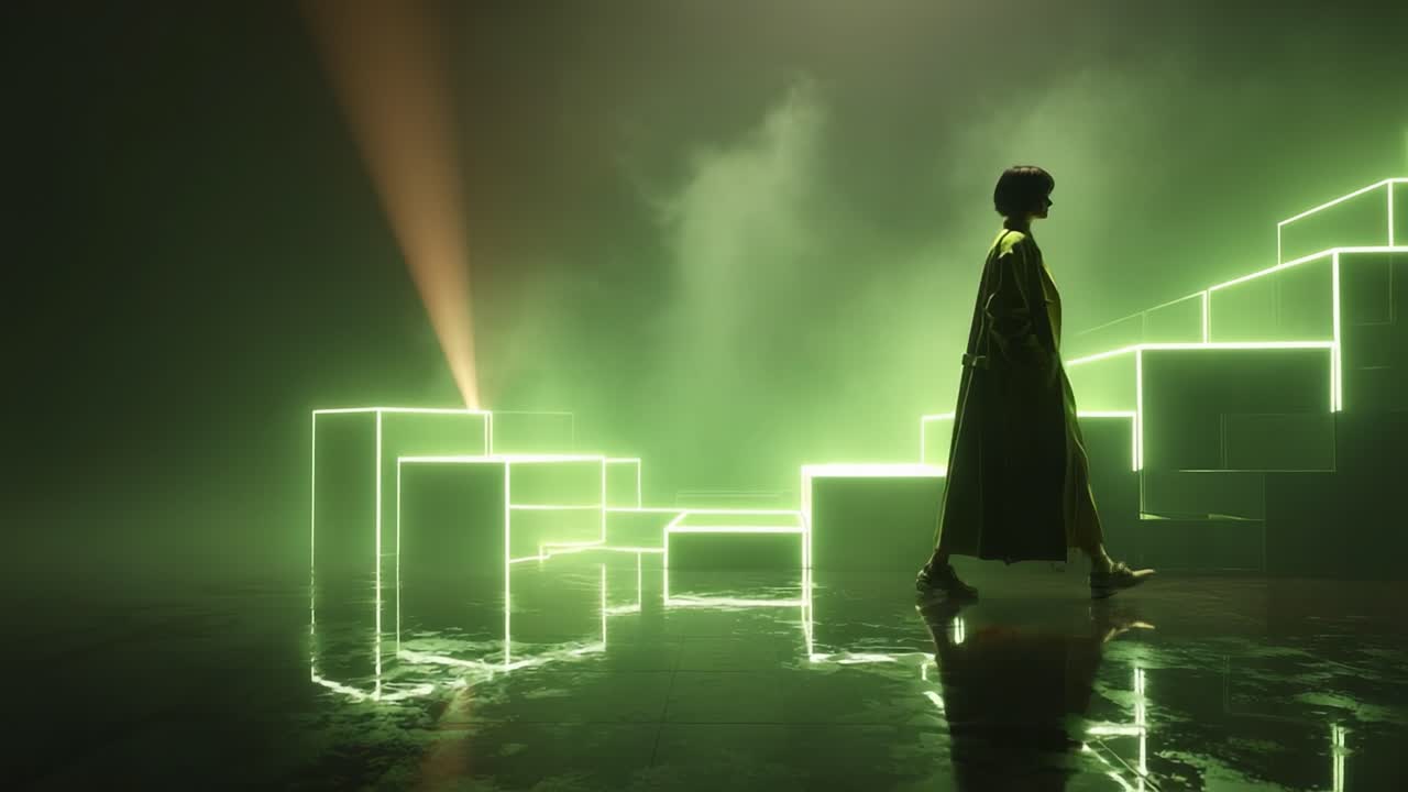 A person walking on stairs made of neon lights in a foggy, futuristic environment