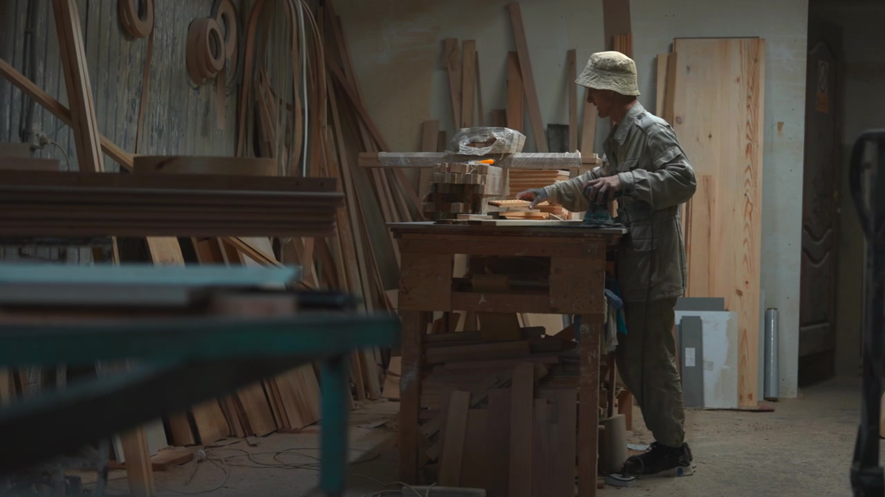 Woodworker in profile at central workbench repositions thin wooden board over stacked timber while handheld sander and scattered tools rest nearby, creating focused workshop scene, with woodworker