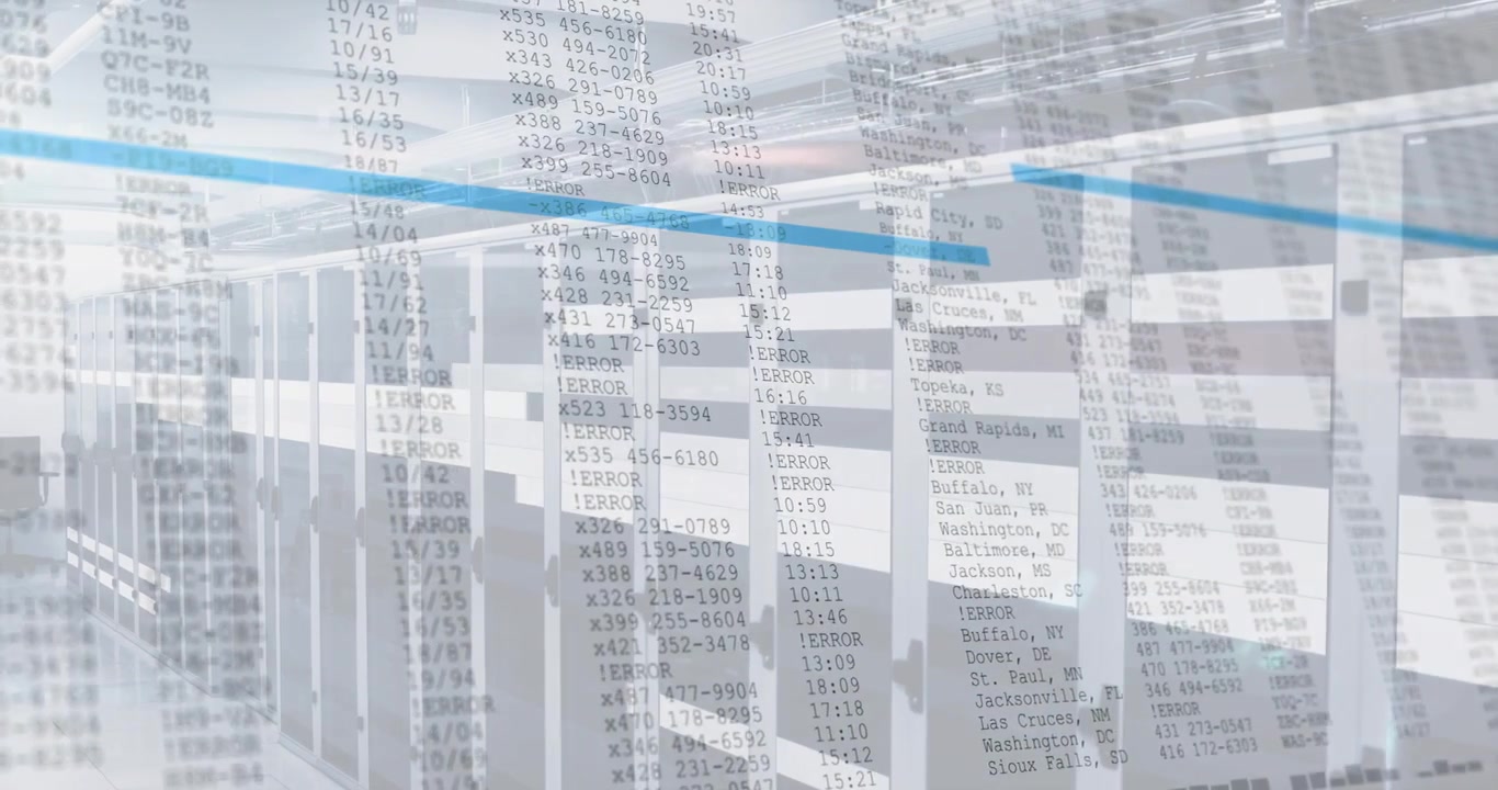 Overlay fading in over server cabinets highlighting scrolling data to monitor live network status