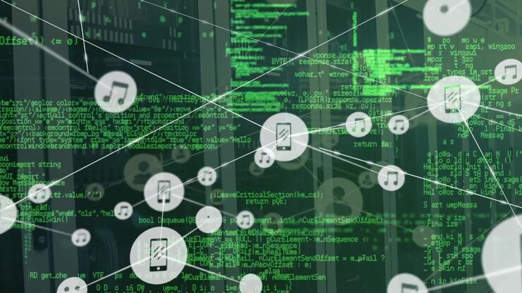 Phones and music notes forming data network over green code backdrop, diagonal line linking nodes