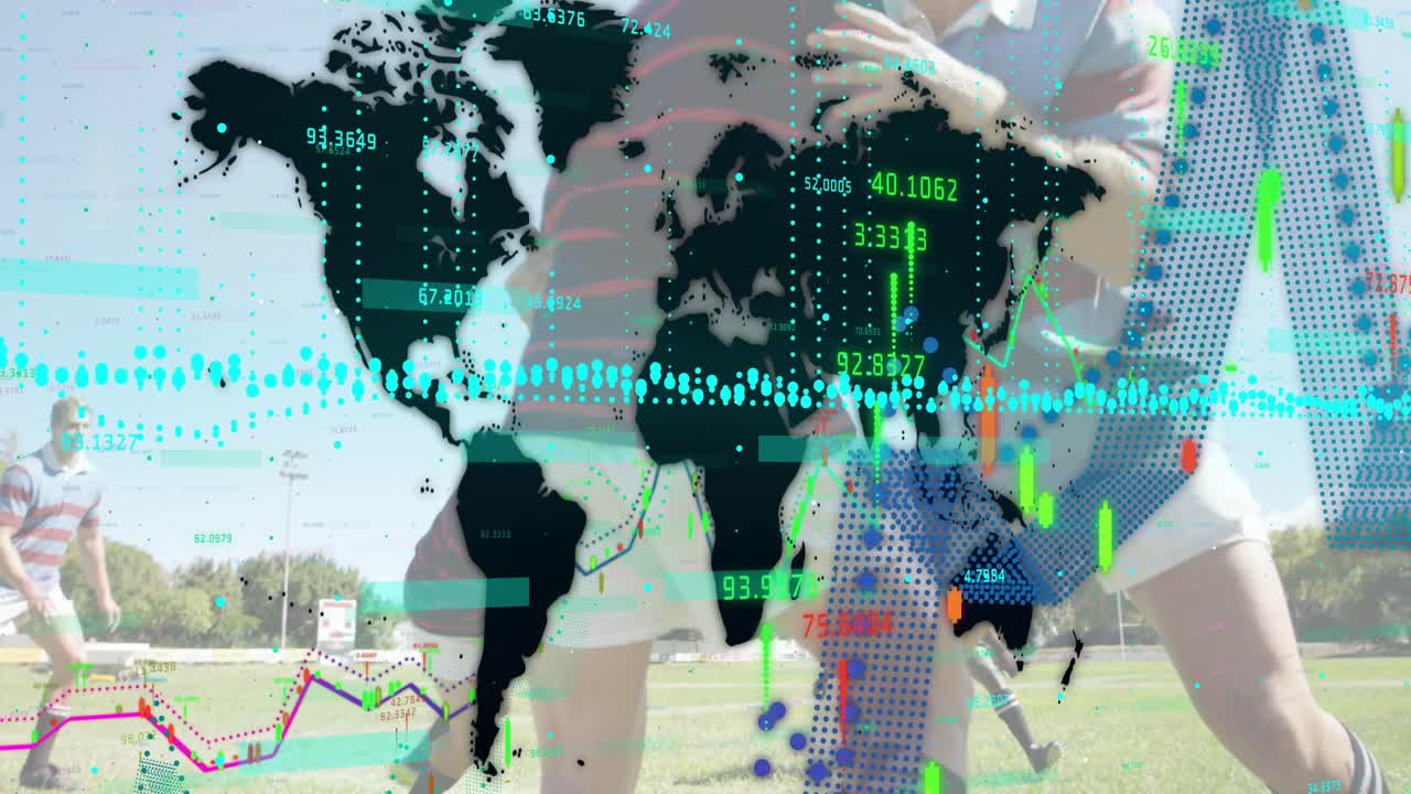 Rugby training players securing loose ball, forming ruck as data rising, player driving pad forward