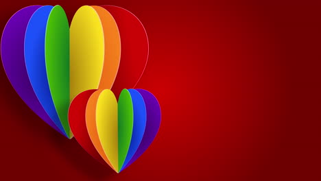 animated poster of lgbt community with paper love heart on red background. gay flag rainbow colors.
