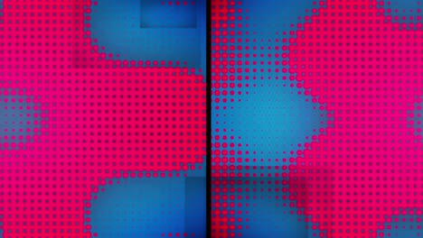 Animation-of-split-screen-with-grid-of-pink-pixels-changing-size-on-blue-background
