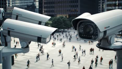 surveillance in the city: a detailed view of security cameras observing public spaces and passersby in an urban environment