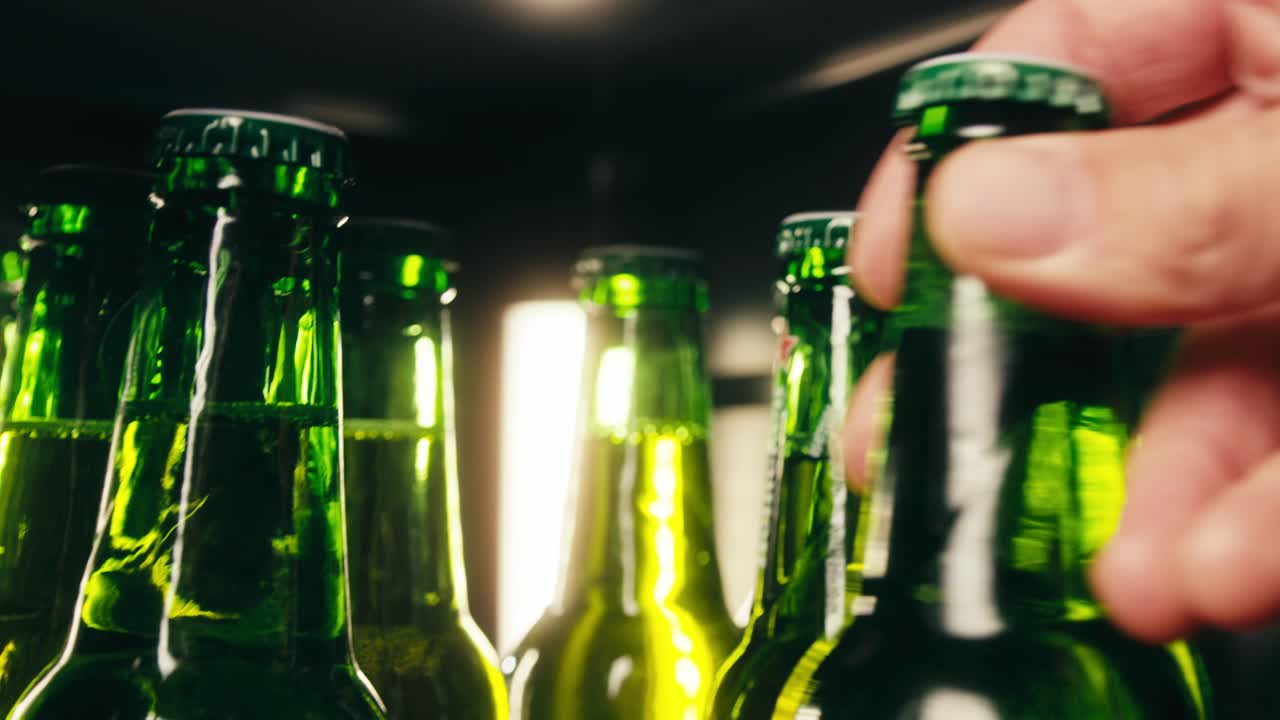 Row of beer bottles in fridge, shop or hotel, cold lager craft german beer or cider, shop supermarket or wine cooler close up.