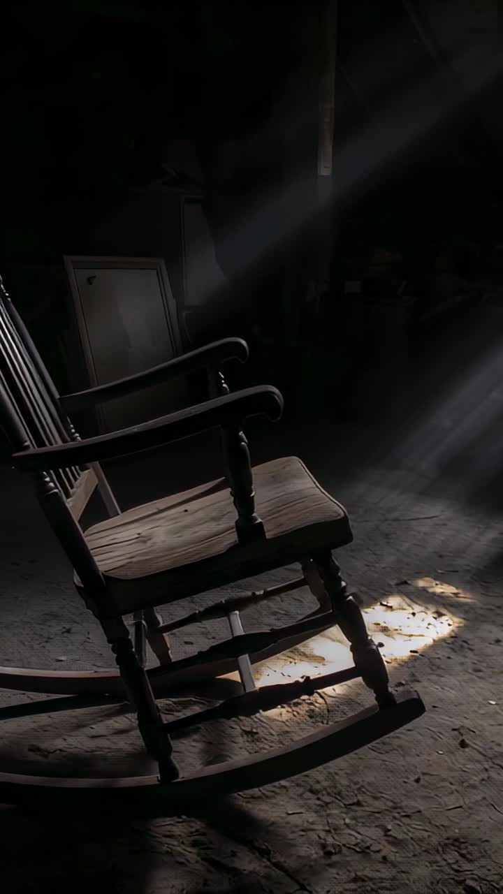 Vertical video: Wooden rocking chair swaying by breeze through gap in dusty room, stirring dust