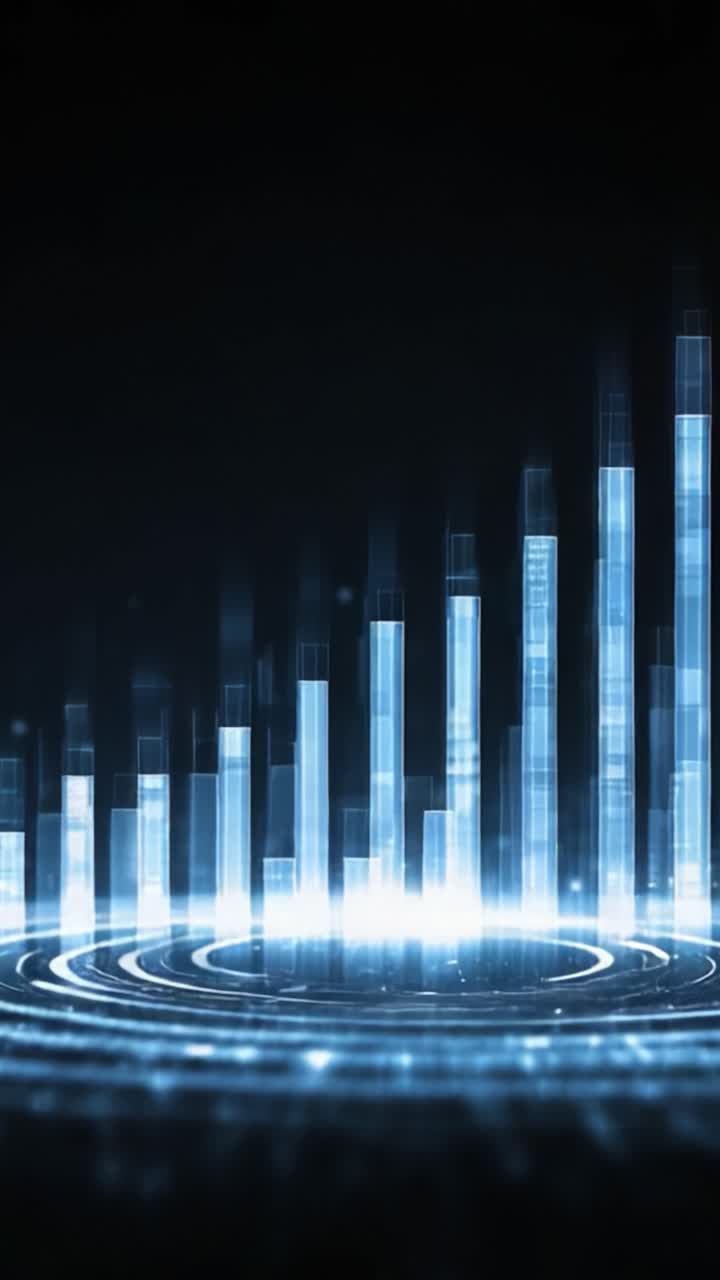 Rappresentazione Visiva di Onde Sonore e Frequenze di Dati in uno Spazio Buio, Evidenziando il Passaggio da Bassa ad Alta Intensità Rappresentato da Barre Verticali