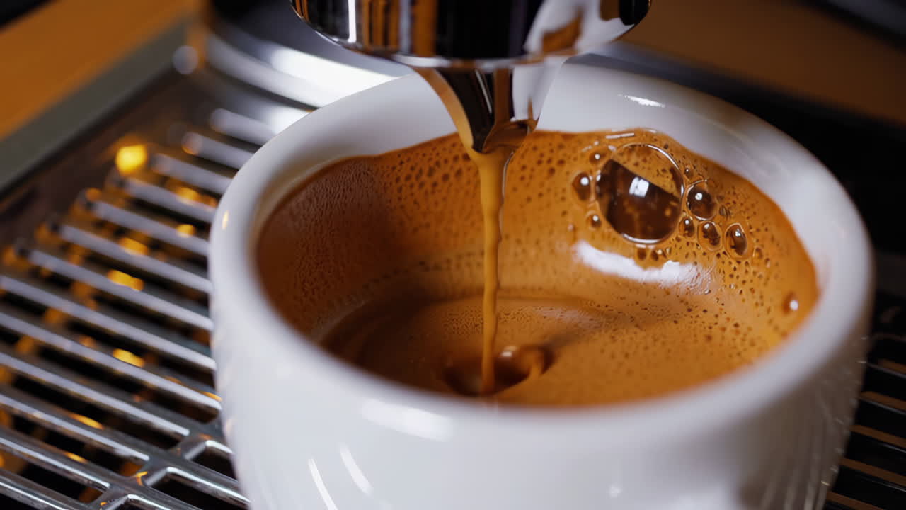 Close-up of espresso being brewed into a white cup