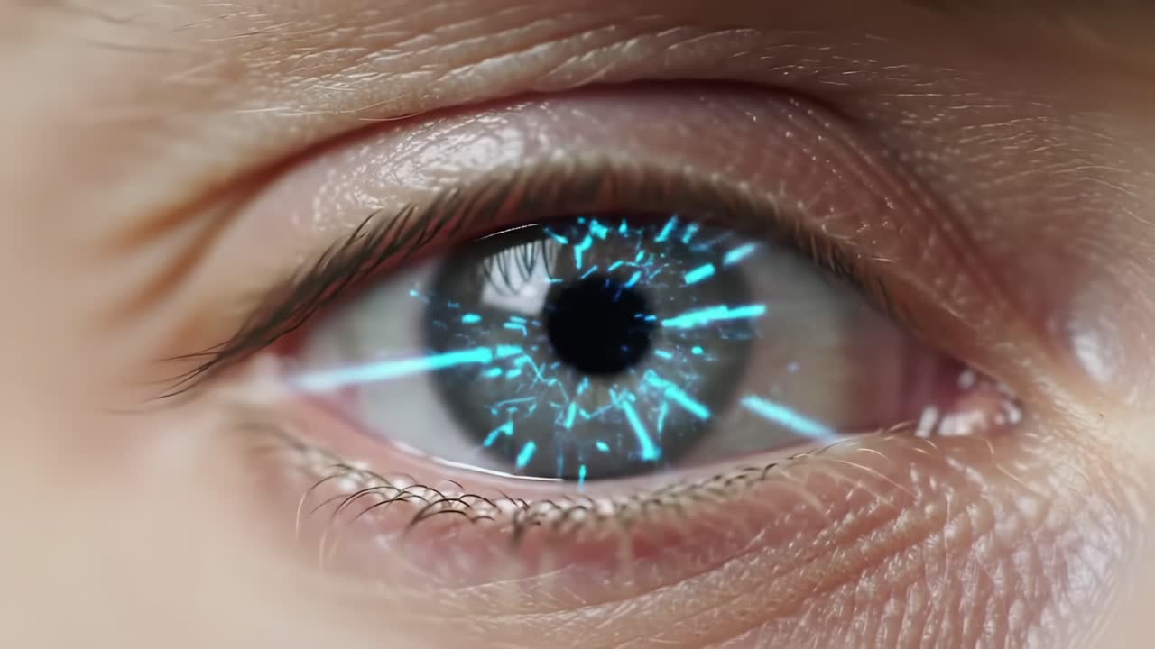 A Close-Up View of an Eye with a Glowing, Electric Blue Laser Effect Emitting from the Iris, Creating a Captivating and Futuristic Visual Experience