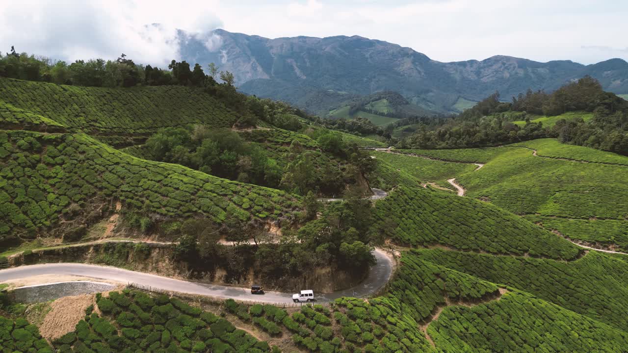 Un tuk tuk che sfreccia su una strada rurale circondata da piantagioni di tè a Munnar, Kerala, India meridionale