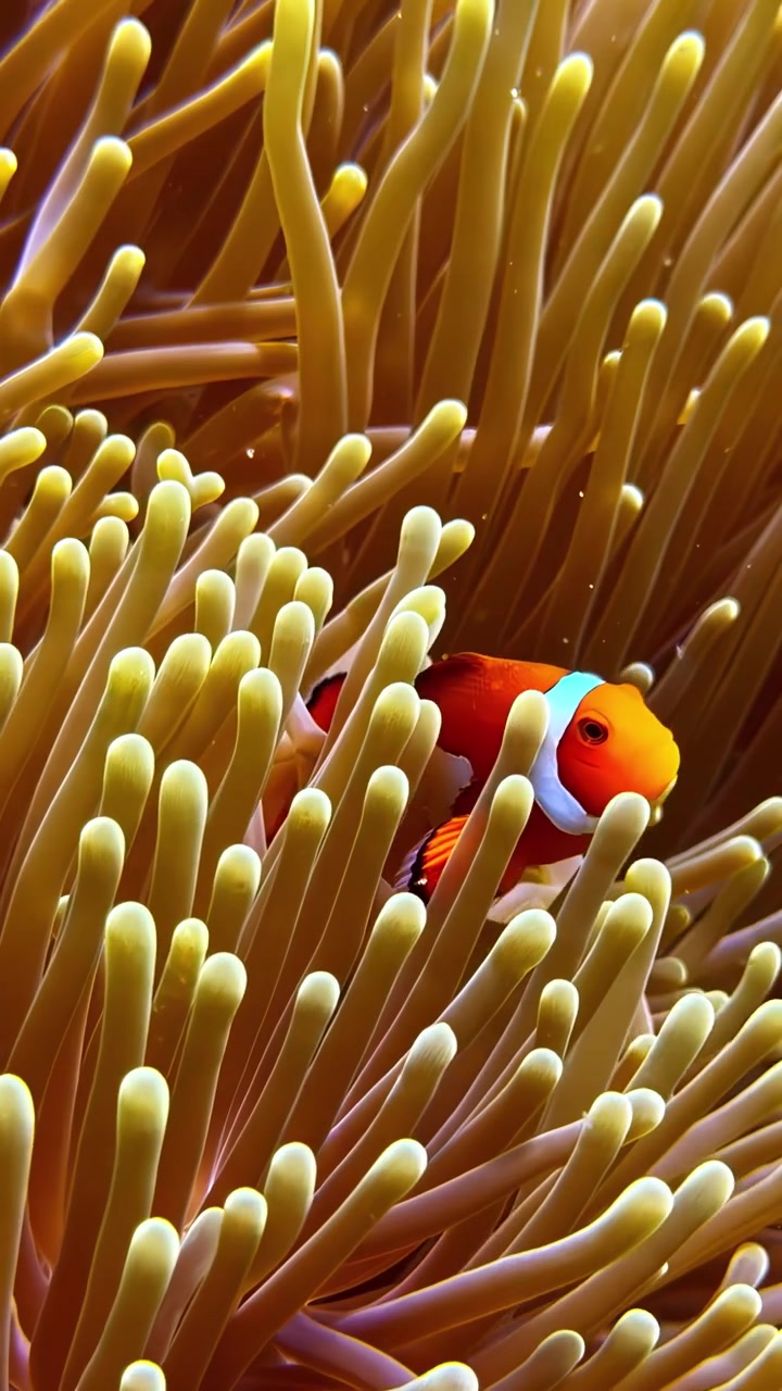 Un pesce pagliaccio fa capolino tra i tentacoli di un anemone di mare vibrante. Ideale per documentari sulla vita marina e contenuti educativi