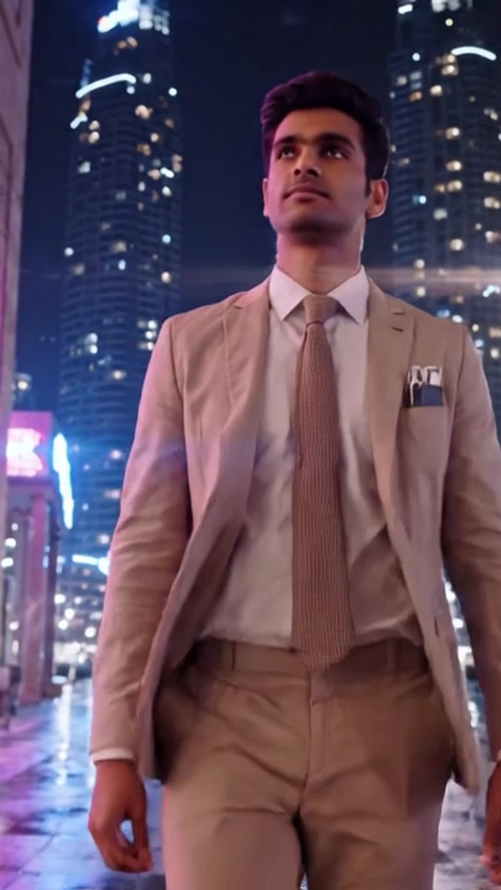 En velkledd mann i en skreddersydd dress går selvsikkert gjennom et pulserende bylandskap opplyst av bylys under en regnfull natt, og viser eleganse og stil