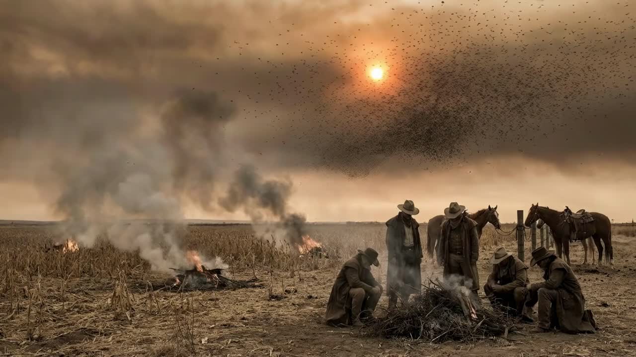 Cowboy in un paesaggio in fiamme