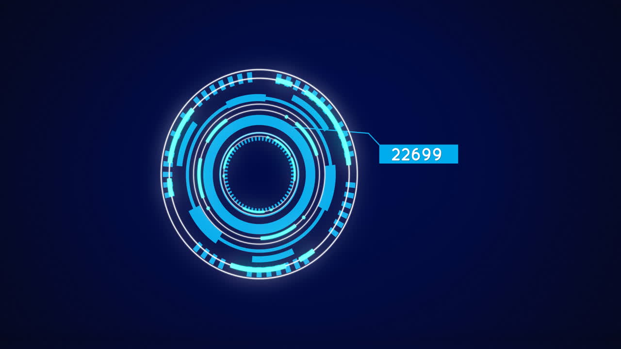 Digital animation of increasing numbers over neon round scanner spinning against blue background
