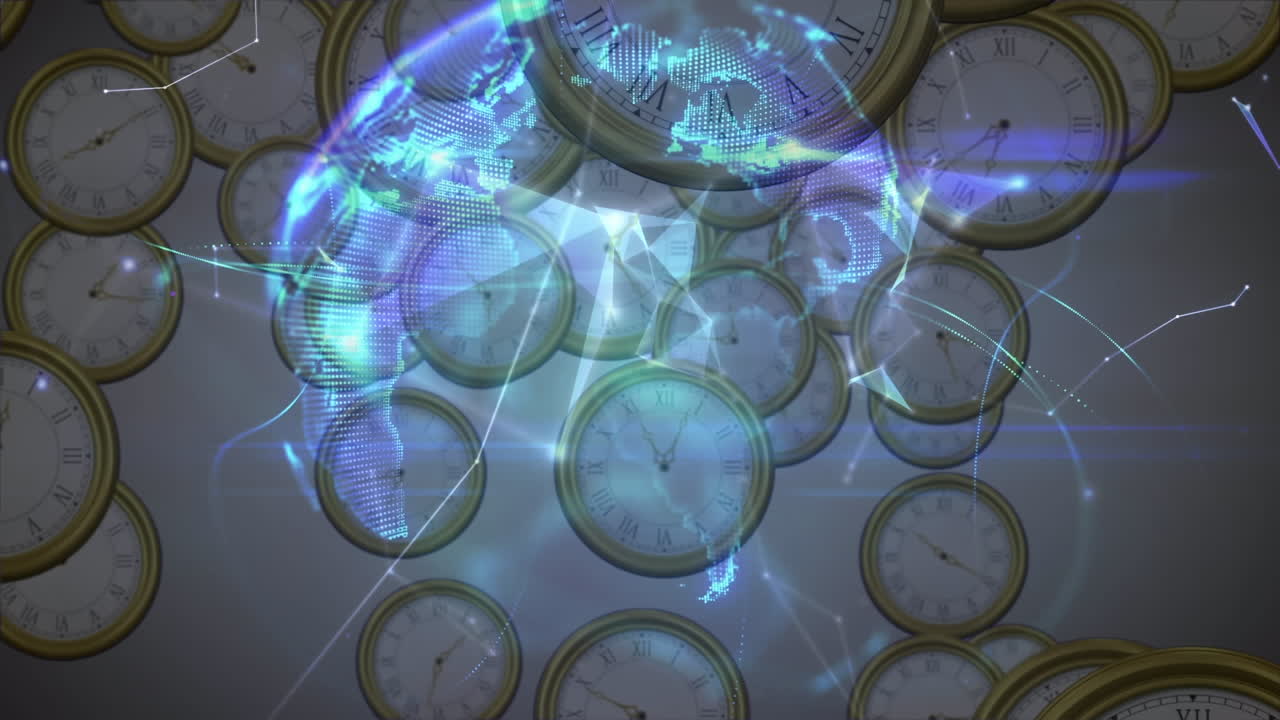 Animation of yellow lines over globe and moving clocks