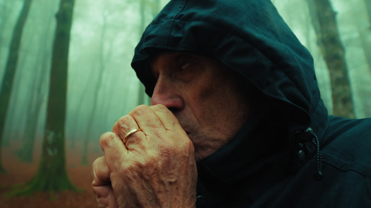 Sad Old Man Warms His Hands on a Foggy Autumn Day in the Mountains