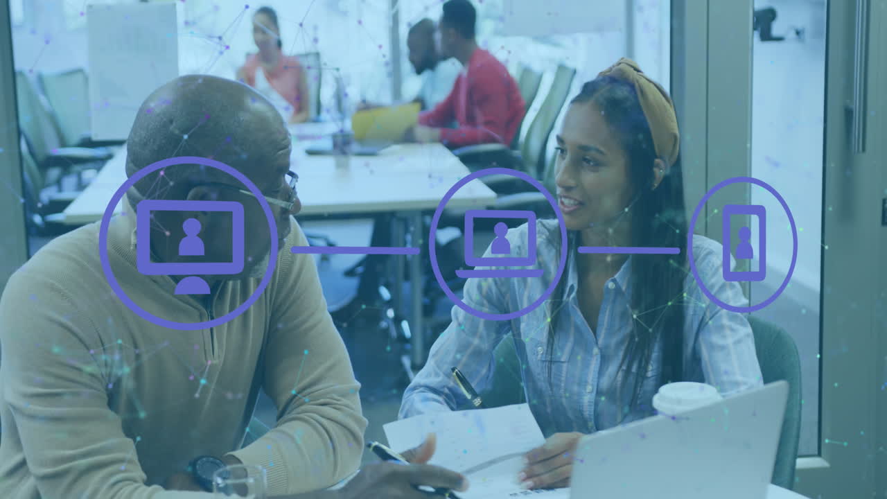 Animation of icons and data processing over diverse business people