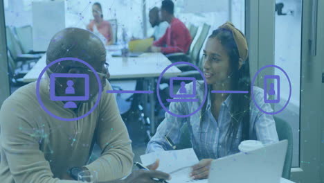 animation of icons and data processing over diverse business people