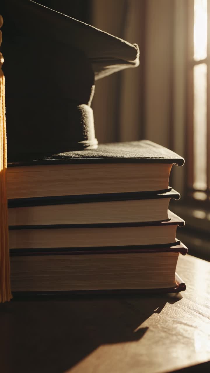 Warm-toned video concept with a side angle of stacked books and a graduation cap, capturing sunlight
