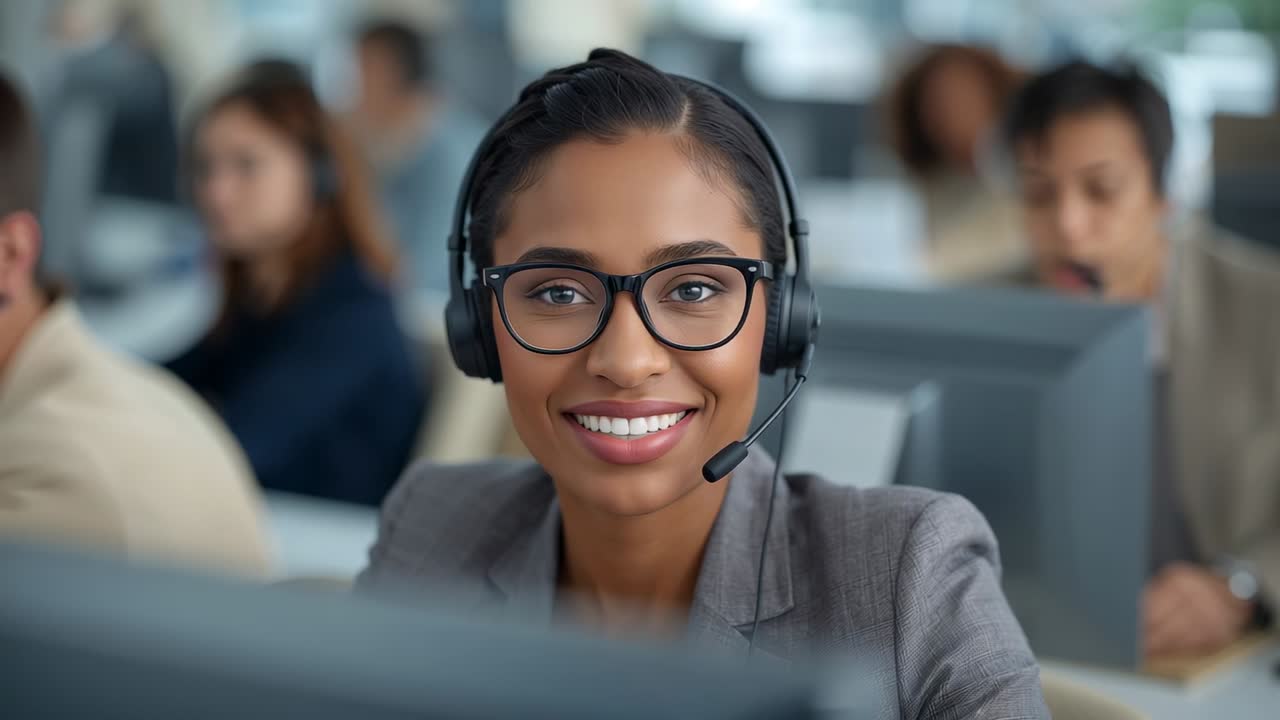 Incoming call starting agent in call center using headset and adjusting glasses while smiling
