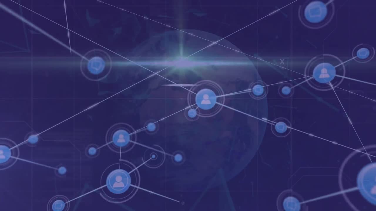 animación de una red de iconos digitales y un punto de luz sobre el globo contra un fondo azul