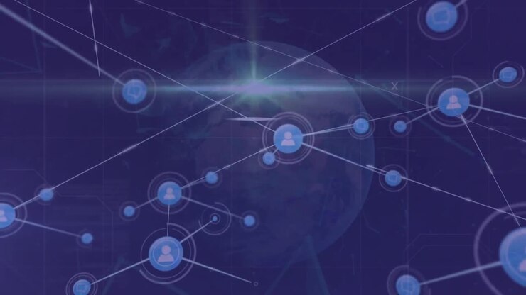 Animation of network of digital icons and light spot over globe against blue background