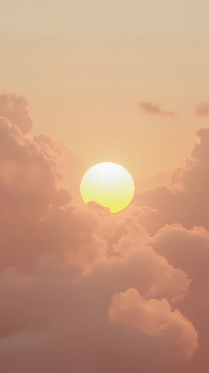 Vertical video: Rising darker cloud intersecting sun over pastel sky, creating scalloped rim