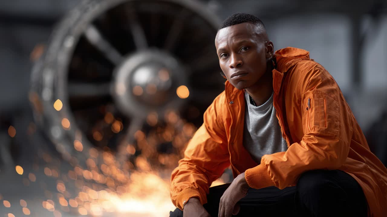 Man in Orange Jacket in front of Engine with Sparks