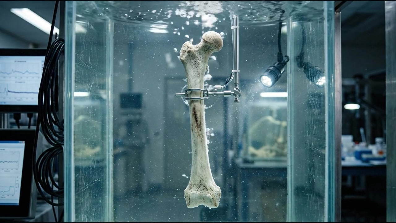 Human Femur Bone Suspended in Laboratory Water Tank