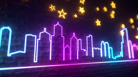 neon city skyline on brick wall